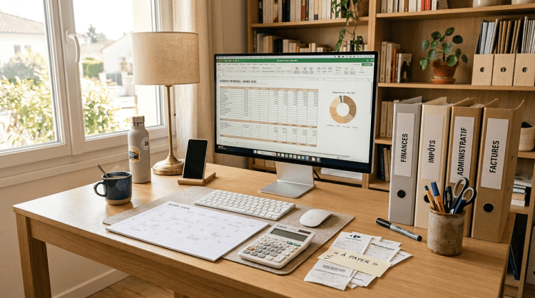 Desk with monthly budget spreadsheet, calculator, bills, and folders labeled FINANCES, IMPÔTS, ADMINISTRATIF, and FACTURES